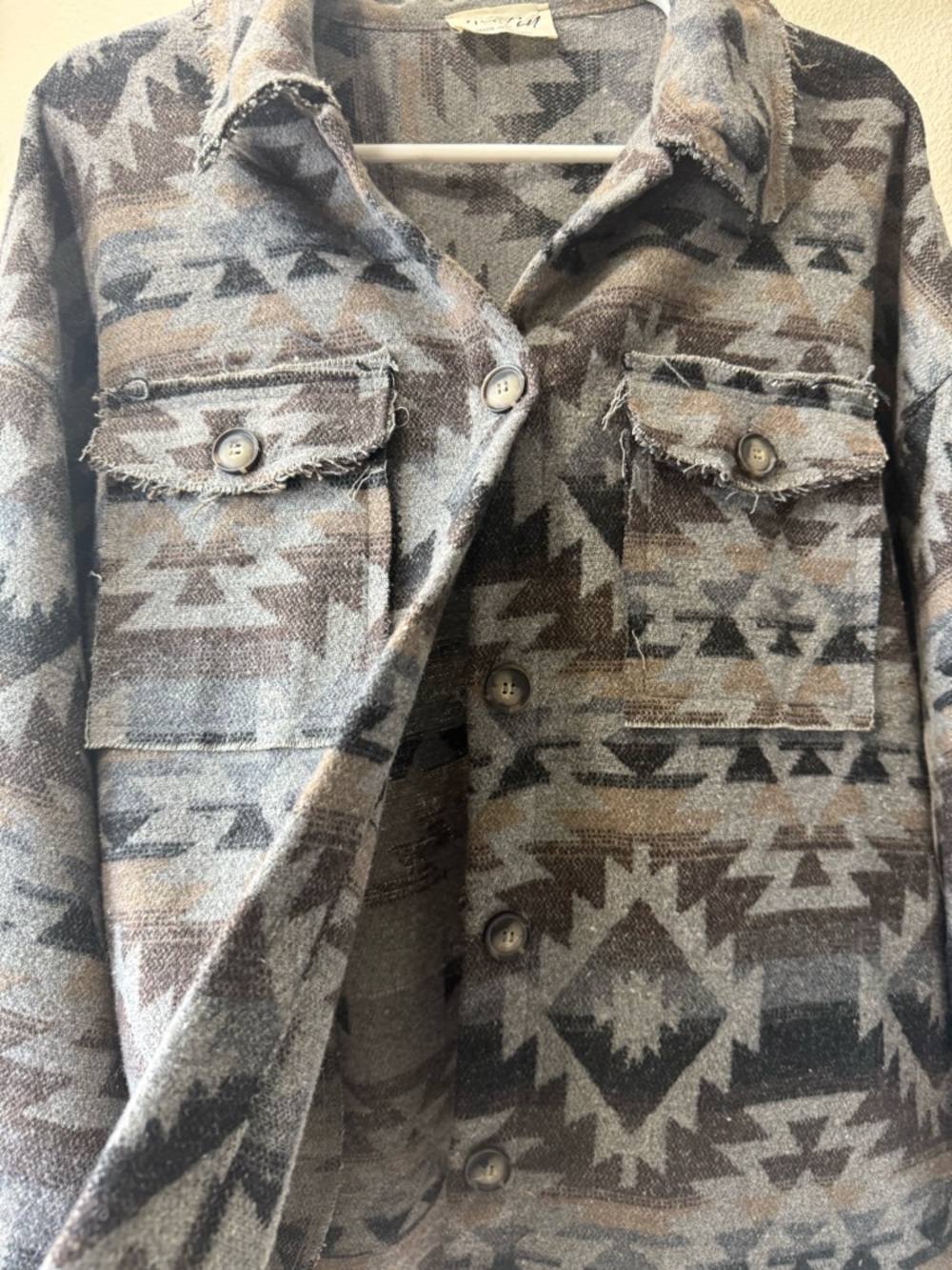 Aztec Pattern Button-Front Shacket Jacket - Gray & Brown - Picture 3 of 4